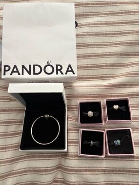Pandora Silver Bangle Bracelet with Heart Clasp and charms Jack sally spacers